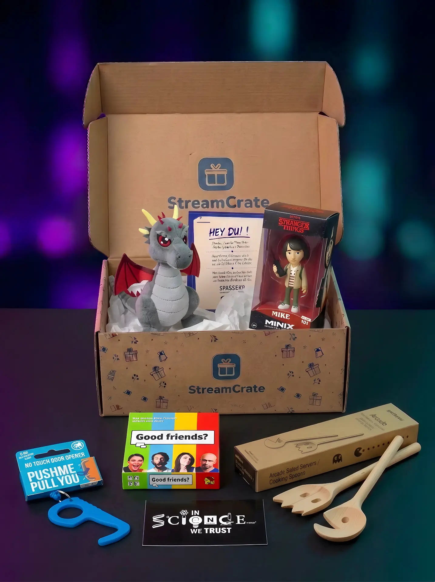 Beispiel einer StreamCrate mit Gaming- und Nerd-Artikeln (Variante 1)